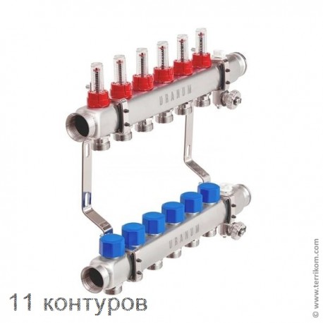 Коллектор отопительного контура поверхностного отопления URANUM-T из нержавеющей стали, с расходомерами