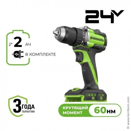 Дрель-шуруповёрт аккумуляторная, 24 В, 30/60 Нм, бесщёточная, с 2хАКБ 2 Ач и ЗУ