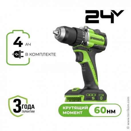 Дрель-шуруповёрт аккумуляторная, 24 В, 30/60 Нм, бесщёточная, с 1хАКБ 4 Ач и ЗУ