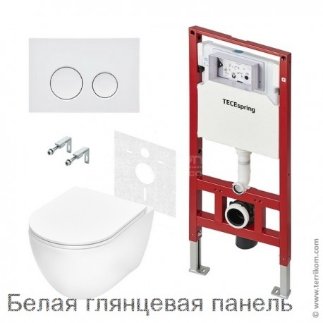 Комплект для установки подвесного унитаза: застенный модуль TECEspring base, панель смыва TECEspring LT, унитаз Model R